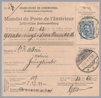 LUXEMBOURG - 1911 25c William IV - Domestic Money Order - Grevenmacher To Junglinster - 1906 Guillermo IV