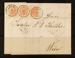 1856 (Oct 3) Entire From Frankstadt To Wien Bearing 3k Red 'Arms' STRIP OF THREE (large Margins All Round) Tied By Frank - Altri & Non Classificati