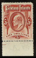 1904-12 KEVII 5s Red, MCA Wmk, SG 50, Fine Mint Marginal With Short Corner Perf. - Falkland Islands