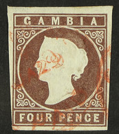 1874 4d Brown Imperf, Wmk Crown CC, SG 5, Used, Four Clear To Large Margins And Neat Red Cancel. - Gambia (...-1964)