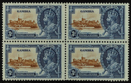 1935 SILVER JUBILEE VARIETY. 3d Brown & Deep Blue, Block Of 4, Lower Left Stamp With 'SHORT EXTRA FLAGSTAFF' Variety, SG - Gambia (...-1964)