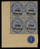 1902 1d On 2Â½d Bright Blue, Lower Left Corner Block Of Four, One Showing 'Pnney' Error, SG 37a, Fine Mint, The Stamps N - Malta (...-1964)