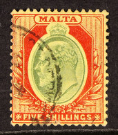 1904-14 5s Green And Red On Yellow, SG 63, Fine Used. - Malta (...-1964)