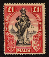 1922 Â£1 Black And Carmine-red, Watermark Sideways, SG 139, Never Hinged Mint. - Malta (...-1964)