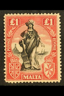 1922-26 Â£1 Black And Carmine-red, Watermark Sideways, SG 139, Fine Mint. - Malta (...-1964)
