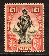 1922-26 Â£1 Black And Carmine-red, Watermark Sideways, SG 139, Fine Mint.Â  - Malta (...-1964)