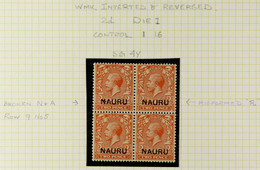 1916 VARIETY BLOCK OF 4 2d Orange Die I, Variety 'Wmk Inverted And Reversed', SG 4y, NEVER HINGED MINT Block Of 4, With  - Nauru
