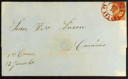 1861 (12 June) Entire Addressed To Caracas, Bearing 1859-62 Â½r Orange (Scott 4, SG 7) Tied By Red 'La Guaira' Cds Cance - Venezuela