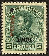 1900 5c Blue-green Bolivar With '1900' Overprint And With 'Specimen' Overprint In Red (Scott 156, SG 214), Never Hinged  - Venezuela