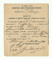 Service Des Mandats-Poste (Bon N°106 (1878) Sc PETANGE 30-3-1881 Reçu De 12,50 Francs  - 19574 - Autres & Non Classés