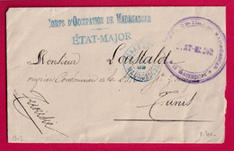 CORPS OCCUPATION MADAGASCAR TANANARIVE 1903 ETAT MAJOR POUR TUNIS REGENCE DE TUNISIE LETTRE COVER FRANCE - Legerstempels (voor 1900)