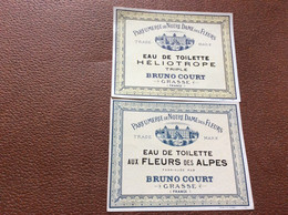 2 ETIQUETTES DE PARFUM  EAU DE TOILETTE  *Heliotrope  * Fleurs Des Alpes  BRUNO COURT  Grasse - Etiketten