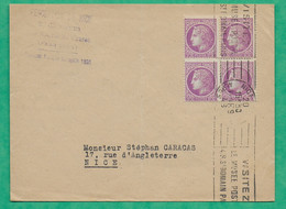 N°679 BLOC DE 4 CERES MAZELIN LETTRE PERCEPTION DE NICE ALPES MARITIMES POUR NICE 1948 LETTRE COVER FRANCE - 1945-47 Ceres Of Mazelin