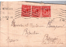 7704 LETTRE Grande Bretagne WEYMOUTH  Pour Baugé (49)   24 12 1921 Georges V   BOURGUEIL Bijouterie - Brieven En Documenten