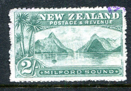 New Zealand 1902-07 Pictorials - Wmk. NZ & Star - P.14 - 2/- Milford Sound - Green - Used (SG 328) - Large Tear - Oblitérés