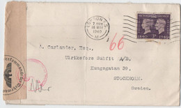 Great Britain 1940 Cover With 3 D Stamp, To Sweden With German Censor Label, Folded - Unclassified