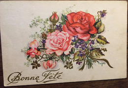 CP, Gaufrée, ILLUSTRATEUR Signée ROGER (Levasseur?), Bonne Fête, Bouquet De Roses, écrite - Levasseur, Roger