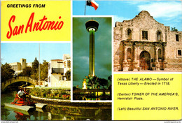 Texas San Antonio Greetings With The Alamo Tower Of The America's And San Antonio River 1982 - San Antonio