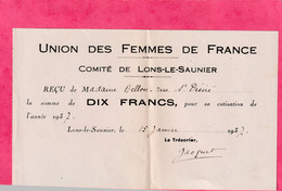 UNION DES FEMMES DE FRANCE . COMITE DE LONS-LE-SAUNIER . Mme BELLON Rue St DESIRE 10 Frs POUR ANNEE 1937 - Other