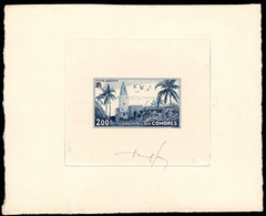 COMOROS(1954) Ouani Mosque. Palm Trees. Die Proof In Dark Blue Signed By The Engraver SERRES. ScottC3, Yvert PA3. - Altri & Non Classificati