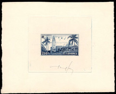 COMOROS(1954) Ouani Mosque. Palm Trees. Die Proof In Dark Blue Signed By The Engraver SERRES. ScottC3, Yvert PA3. - Andere & Zonder Classificatie