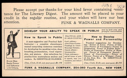 U.S.A.(1923) Literary Digest Subscription. 1c Postal Card With Illustrated Ad For Development Of Public Speaking - 1921-40