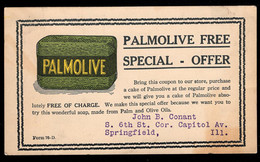 U.S.A.(1915) Bar Of Palmolive Soap. 1c Postal Card With Color Ad On Reverse Offering A Free Bar Of Soap To Customers - 1901-20