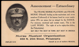 U.S.A.(1930) Piano Band. Frank Morse (leader). Dance. One Cent Postal Card With Advertising. "Morse Musical Organization - 1921-40