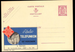 BELGIUM(1939) Radio Towers. Map. 40 Centimes Bicolor Postal Card With Advertising Publibel No 332: "Radio Telefunken." - Publibels