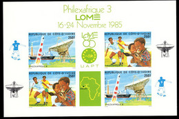 IVORY COAST(1985) Telecomm Dish. Ship. Soccer Players. Deluxe Proof Of S/S. Scott No C98a, Yvert No PA102a. - Ivory Coast (1960-...)