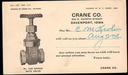 U.S.A.(1921) Brass Pipe Valve. 2c Postal Card With Illustrated Ad On Reverse For Brass Gate Valve. Crane Company - 1921-40