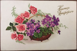 Cpa Cp,édition Photochrom Fleurs Gil, Heureux Anniversaire, Corbeille Bouquets De Violettes Et De Roses, écrite - Anniversaire