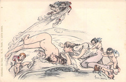 CPA Illustrateur Signé Louis Morin - Collection Des Cent - Femme Nue Sur Un Lit Homme Ange Et Diablotins - Erotique - Andere Illustrators
