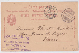 Suisse Entier Postal Tampon Coutellerie Jacot Luthi Neuchatel Pour Thinet Paris Etranger 1890 Couteau Tire-Bouchon - Stamped Stationery