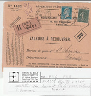 Yvert 130f + 176a De Roulette Devant Lettre Recommandée Valeurs à Recouvrer PARIS 84A 1924 Pour St Chinian Hérault - 1921-1960: Moderne