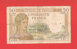 50 Francs Cérès - J.9936 N° 240 - 9 Mars 1939 - Plis, Déchirures, Trous D'épingle, Sans Manque De Papier - 50 F 1934-1940 ''Cérès''