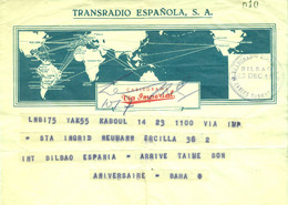 AFGHANISTAN 1958 Deko Telegramm Kabul > Bilbao " Cablegrama Via Imperial Transradio Espanola SA Cables Submarines" - Afghanistan