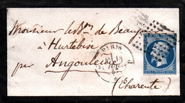 7721 Lettre Paris Etoile  1 (75)  Pour Angoulême Heurtebise (Charente 16)  18/07/1857 (recto-verso) - 1849-1876: Période Classique