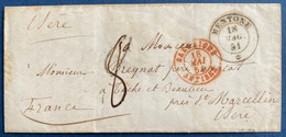 Lettre1851 Sans Timbre MENTONE Cachet Sarde De Menton + Dateur "Sardaigne /ANTIBES" Pour Tèche & Beaulieu Isère - ...-1885 Voorlopers