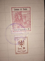 MARCA DA BOLLO  COMUNE DI TRENTO DIRITTI DI SEGRETERIA LIRE 20 + 20 LIRE DIRITTI D'URGENZA 1954 - Revenue Stamps