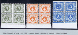 Ireland Postage Due 1978 Unwatermarked 3p 4p 5p Set Of 3, Marginal Blocks Of 4 Mint Unmounted, 4p With Double Bottom - Postage Due