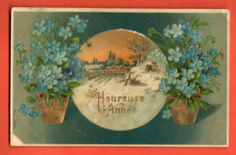 CAPA-19  Heureuse Année  Myosotis  Geprägt Gaufré. Circ. 1909 Avec Cachet Hermenches - Nouvel An