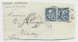 FRANCE SAGE 25C PAIRE PERFORE TRIANGLE FRAGMENT CREDIT LYONNAIS GRENOBLE 1877 - Cartas