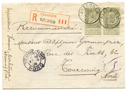 BELGIQUE - COB 59X2 SIMPLE CERCLE AVELGHEM SUR LETTRE RECOMMANDEE AU TARIF FRONTALIER POUR TOURCOING, 1904 - 1884-1891 Léopold II