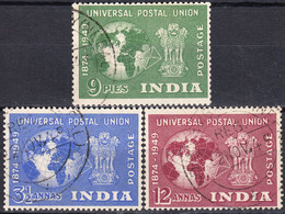 INDIA 1949, 75 Years UNIVERSAL POSTAL UNION, THREE SEPARATE USED STAMPS From SERIES In GOOD QUALITY - Gebraucht