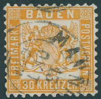 BADEN 22a O, 1862, 30 Kr. Lebhaftgelborange, Repariert Wie Pracht, Gepr. Brettl, Mi. (3200.-) - Sonstige & Ohne Zuordnung