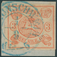 BRAUNSCHWEIG 3 BrfStk, 1852, 3 Sgr. Orangerot, Blauer K2, Prachtbriefstück,Mi. 350.- - Braunschweig