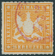WÜRTTEMBERG 34 O, 1867, 18 Kr. Orangegelb Mit Rotem Stempel STUTTGART, Feinst, Gepr. Thoma, Mi. 1000.- - Other & Unclassified