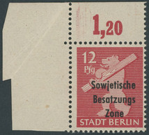 ALLGEMEINE-AUSGABEN 204wazDDII **, 1948, 12 Pf. Mittelkarminrot, Aufdruck Einmal Normal Und Zusätzlicher Blinddruck, Lin - Other & Unclassified