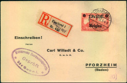 1918,  1 F 02 C" Auf 1 Mark (26:17) Auf R-Brief Ab CHARLEROI Mit Zensur Nach Pforzheim - Otros & Sin Clasificación